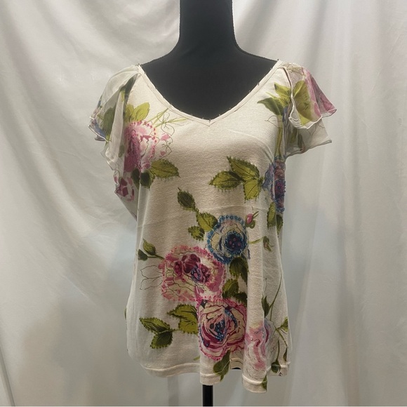 Forbidden Tops - Forbidden Elegant Floral V-Neck Blouse. Beaded. Size XL.